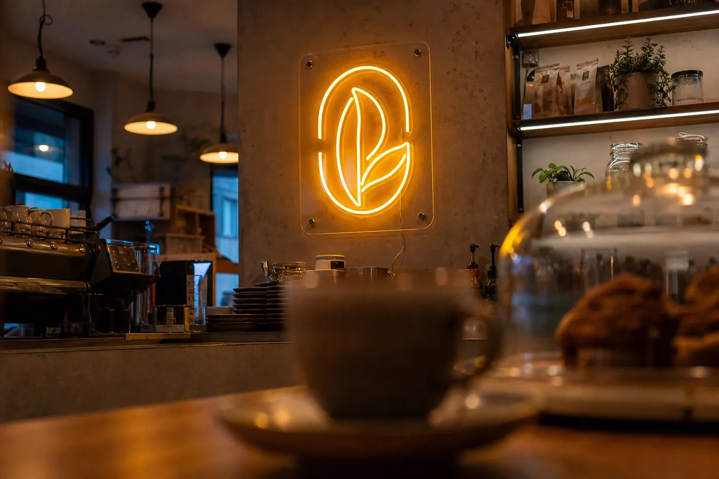 Amber abstract LED neon logo in a café with a blurred coffee cup