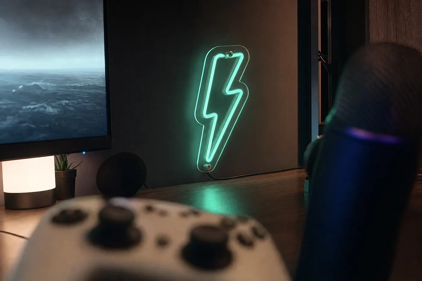 Mint lightning bolt LED neon in a gaming room with blurred controller