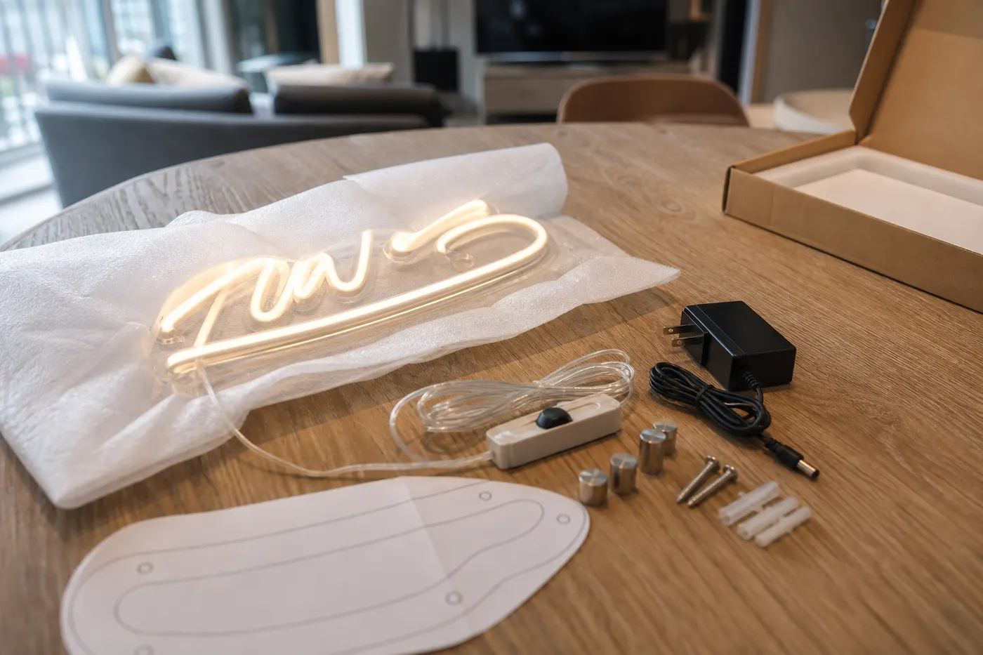 AI product visualisation of a custom LED neon kit with power supply, dimmer and mounting parts